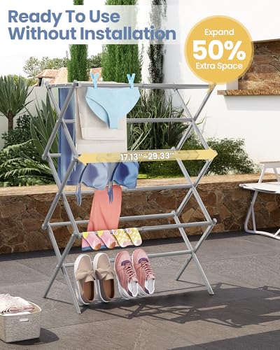 Oversize 3-Tier Clothes Drying Rack, No Install, Grey | Expandable Design, Non-slip feet, Tool-free Setup, Rust Prevention, Sturdy Construction, 14.9" D x 29.3" W, Holds 24lbs - color: Gray