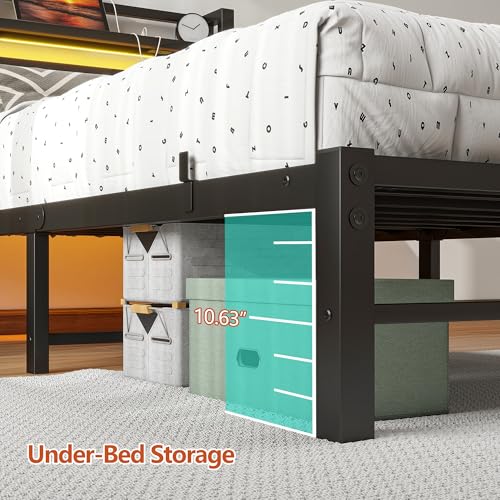 Twin Bed Frame with Headboard,Single Bed Frame with Charging Station and LED Lights,Metal Platform Bed Twin Sizes,No Box Spring Needed,Easy Assembly,Black (Black, Twin) - size: Twin, style: Modern Twin