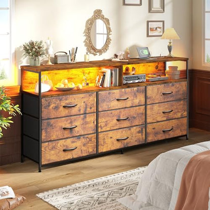 Romorgniz 55" W Dresser for Bedroom with 9 Drawers LED TV Stand with Power Outlets for 45, 55, 65 Inch TV Sturdy Long Chest of Drawers with Extra 2 Wooden Shelves Steel Frame Rustic Brown - color: Rustic Brown