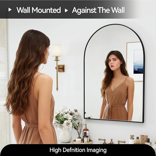 SCWF-GZ 36x24 Arch Mirror Rectangle Full Length Wall Mounted Hanging or Against Wall Metal Aluminium Alloy Frame Dressing Make-up Mirrors for Entryway Bedroom Bathroom Living Room 36 24 inch Black | HD Crystal Clear No distortion Tempered Glass,Make-Up Va