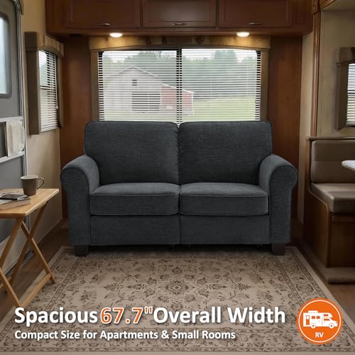 MCombo 67.7" Loveseat Sofa, 2-Seater Small Couch for Small Spaces, Classic Rolled Arm Upholstered Sofa with Solid Wood Legs for Living Room, Removable Cover, Chenille Fabric VE730 (Dark Grey) - color: Dark Grey