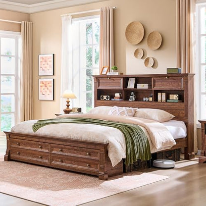 Farmhouse King Size Bed Frame, 2 Drawers & 4 Bookcases On The 54" Headboard | 2 Large Footboard Drawers, Wood Platform Bed Frame with 18" Tall Roman Column, No Box Spring Needed(Reclaimed Barnwood) - color: Reclaimed Barnwood, size: King(U.S.Standard)