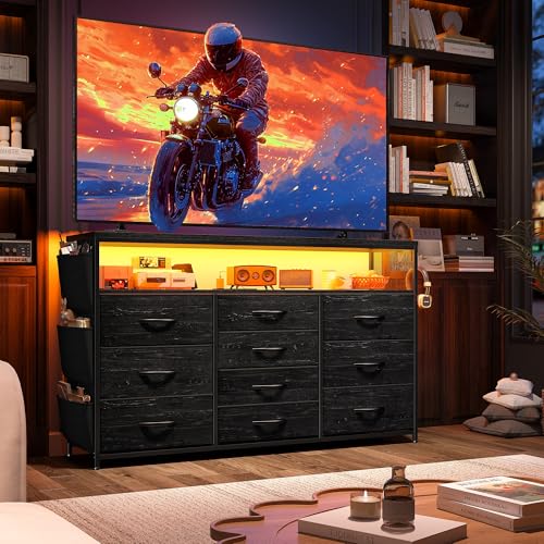 EnHomee Dresser with 10 Drawers, LED TV Stand for 55" TV with Power Outlets | Chest of Drawers with Side Pockets and Shelves, Metal Frame and Sturdy Wood for Bedroom, Hallway, Black - color: Black