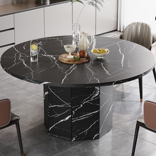 HSH 47 Inch Round Dining Table for 4-6, Black Faux Marble Kitchen Table | Modern Wood Circle Kitchen Table for Home Living Room Wood and Metal Dining Room Table with Octagon Base - color: Black Faux Marble