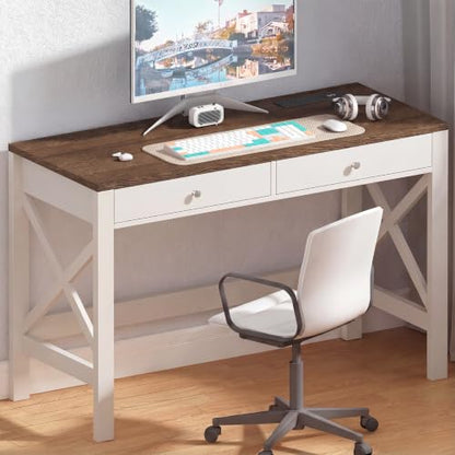 ChooChoo 40 Inches Farmhouse Computer Desk with 2 Drawers & Power Outlets | Wooden Writing Desk, Study Desk for Home Office, Makeup Vanity, Soft White - color: Soft White, size: 40inch with Power Outlet