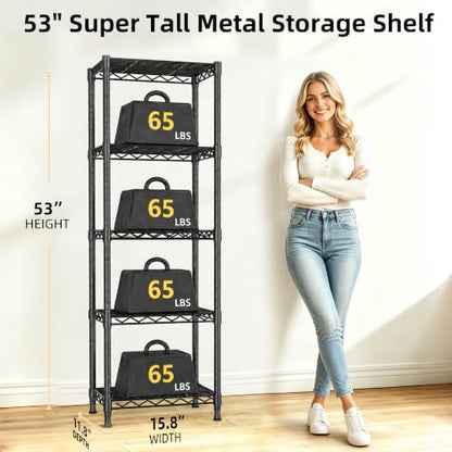 Lab Cosi 5 Tier Narrow Shelf 15.85" W Black Wire Rack, Adjustable Metal Storage Organizer for Pantry Kitchen Closet, Freestanding Shelf Unit - size: 15.92"W x 53"H x 11.8"D