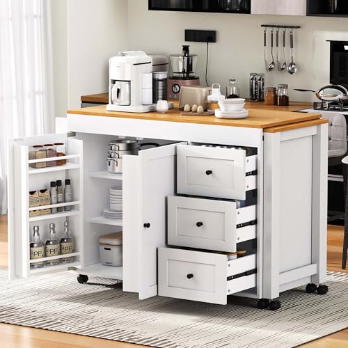 Kitchen Island, Extendable Dining Table with Power Outlet | Extendable dining table expands from prep station to dining table, seats up to 2 extra guests, saves space when closed - color: White2