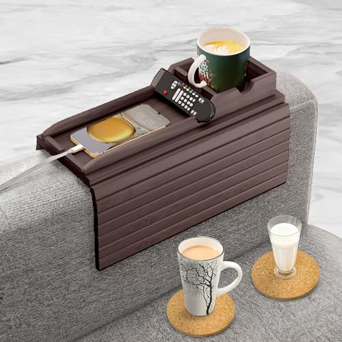 Bamboo Couch Cup Holder, 2 Cork Coasters, Anti-Slip Foldable Couch Arm Tray | 2 in 1 Foldable Sofa Arm Tray, Couch Armrest Table, Anti-Spill Couch Arm Table for Drinks TV Remote Cellphone Snacks - color: Walnut