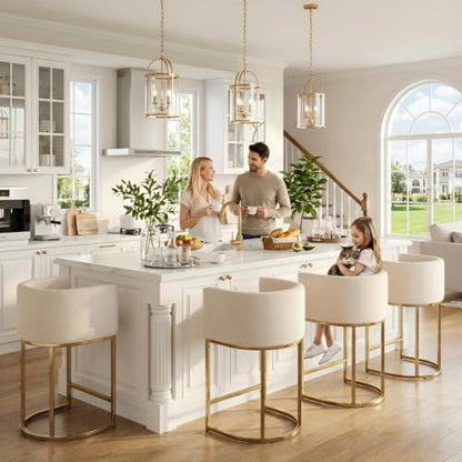 HNY Modern Counter Height Linen Cream Fabric Upholstered Counter Stool Set of 2, 24 Inch Kitchen Island Stool with Gold Metal Frame - color: 24inch Cream,gold Base