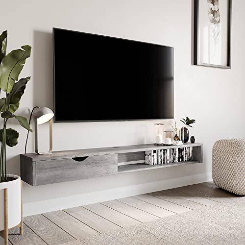 BELLEZE Modern Floating Wall Mounted 60 Inch TV Console with Built-in Shelf & Drawer, Space Saving Decorative Contemporary Media Storage, for Up to 100lbs - Beckett (Gray Wash) - color: Gray Wash, style: Beckett