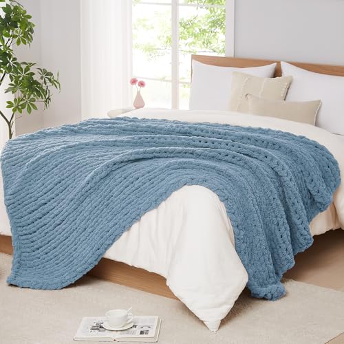 L'AGRATY Chunky Knit Throw Blanket for Couch, 50 x 60 Inches, Airy Blue | Handmade Chenille Crochet Blanket for Sofa Bed, Thick Cable Knitted Blankets for Room Home Decor, Birthday Gift for Women Mom - color: Airy Blue, size: 50"x60"
