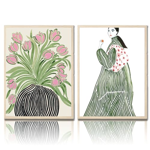 2pcs Framed Canvas Wall Art Tulips Vase Woman Coat Flowers Light Green Abstract Poster Modern Botanical And Portrait Prints For Living Room Or Bedroom Gallery Style Decor Artwork 16x24 Inch - color: Green woman vase, size: 16x24 Inch