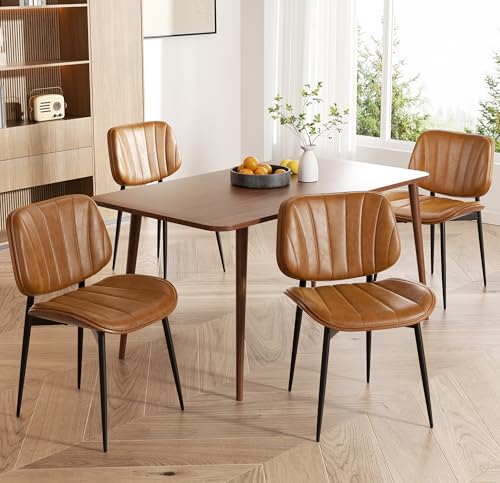 Dining Chairs Set of 4, Mid Century Modern Dining Room Chairs, Upholstered Faux Leather Kitchen Chairs with Walnut Bentwood Back and Metal Legs, Brown - color: Brown, size: Set of 4