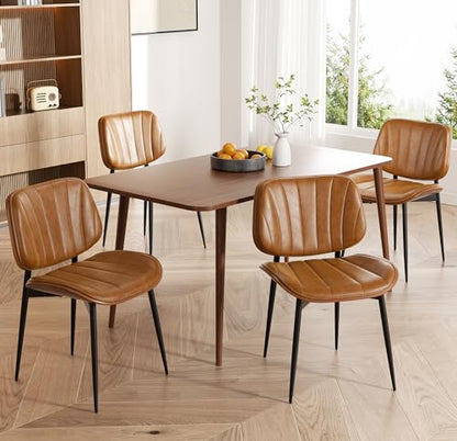Dining Chairs Set of 4, Mid Century Modern Dining Room Chairs, Upholstered Faux Leather Kitchen Chairs with Walnut Bentwood Back and Metal Legs, Brown - color: Brown, size: Set of 4