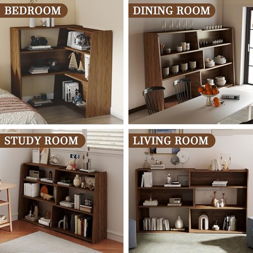 Expandable Bookshelf with Solid Wood Core, 3-Tier Ladder Bookcase, Extendable Corner Shelf for Small Space in Living Room, Study, Bedroom, Walnut