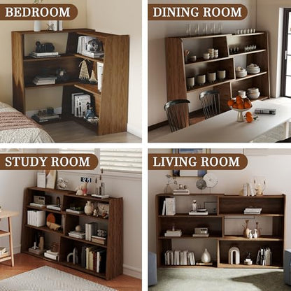Expandable Bookshelf with Solid Wood Core, 3-Tier Ladder Bookcase, Extendable Corner Shelf for Small Space in Living Room, Study, Bedroom, Walnut