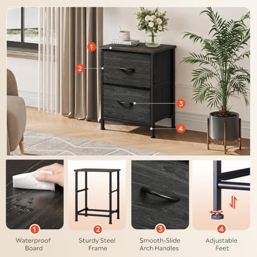 WLIVE Night Stand, Small Dresser with 2 Drawers & Wooden Top, Nightstand with Fabric Bins, Bedside Table End Table for Bedroom, Closet, Entryway, College Dorm, Charcoal Black | Nightstand with Fabric Bins, Bedside Table End Table for Bedroom, Kids Room -
