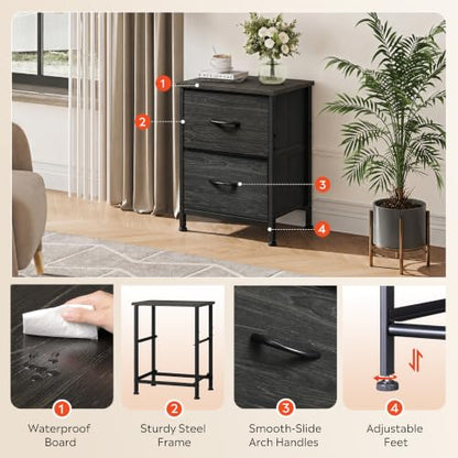 WLIVE Night Stand, Small Dresser with 2 Drawers & Wooden Top, Nightstand with Fabric Bins, Bedside Table End Table for Bedroom, Closet, Entryway, College Dorm, Charcoal Black | Nightstand with Fabric Bins, Bedside Table End Table for Bedroom, Kids Room -