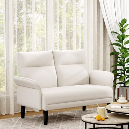 Yongchuang Small Couch 46" Beige Faux Leather Loveseat Sofa for Living Room Bedroom Love Seat Mini Couch with Arm Rest - color: Beige