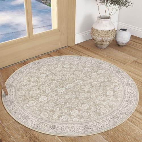 SIILOOM Washable 3ft Circle Round Rug, 3x3 Non-Slip Soft Circular Area Rugs | Cream/Beige/Yellow/White Spill & Stain Resistant Carpet for Living Room Dining RoomUnder Table - color: Cream/Beige/Yellow/White/Grey, size: 3' (Round)