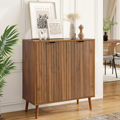 LYNCOHOME Fluted Sideboard Buffet Cabinet with Storage, 2 Doors with Solid Wood Feet for Kitchen, Hallway - size: 15.8"D x 31.5"W x 34.6"H