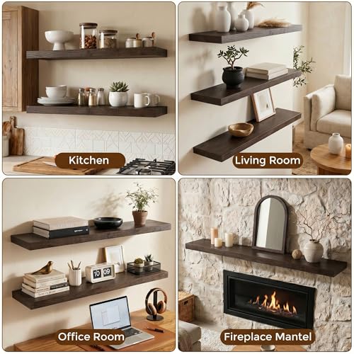 Dreamland 40 Inch Long Floating Shelves Set of 2, Rustic Solid Elm Wood Floating Shelf Wall Mounted, 8 Inch Deep Wooden Wall Shelves for Living Room, Bedroom, Bathroom, Kitchen, Walnut - color: Walnut, size: Flat Edge - 40"L