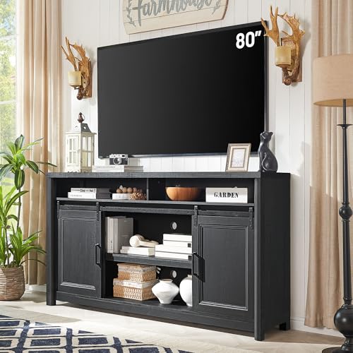 Farmhouse TV Stand for Living Room, Large Black Entertainment Center with Storage, TV Console for Bedroom, TV Stand with Sliding Barn Door Television Stands for 80 Inch TV, 38 Inch Tall Media Cabinet - color: Black