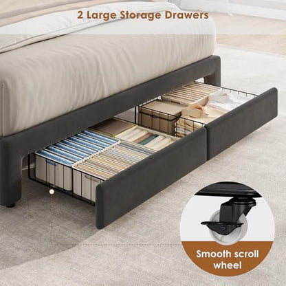 Garvee Queen Bed Frame with Storage, Velvet Upholstered Platform Bed Frame with Crystal Tufted Headboard, Charging Station, 2 Drawers, No Box Spring Needed, Noise-Free,for Bedroom, Dark Gray | Velvet Upholstered Platform Bed Frame with Crystal Tufted Head