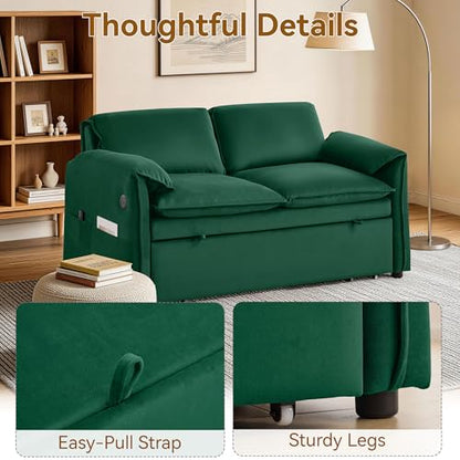 63" 3-in-1 Velvet Convertible Sleeper Sofa Bed, Modern Adjustable Backrest Loveseat Pull Out Couch with USB & Side Pocket, Small Space Love Seat Sofa Bed for Living Room, Bedroom, Green Velvet - color: Green