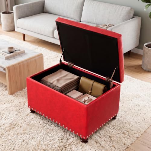 Leather Storage Ottoman, 24" Rectangle Square Bench Foot Rest Stool for Bedroom Living Room, Red - color: Red