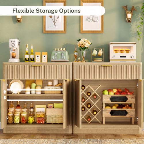 63" Fluted Buffet Sideboard Cabinet with Storage, Buffet Table Coffee Bar Wine Bar Storage Cabinet with Adjustable Shelf for Living Room, Kitchen, Natural - color: Natural- Drawer