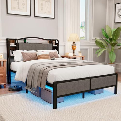 King Size Bed Frame with LED Lights & Charging Station | Upholstered Headboard & Footboard, No Box Spring Needed, Noise-Free Easy Assembly, Large Under Bed Storage - size: King