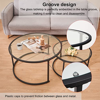 Modern Nesting Glass Coffee Table Set of 2, Round Tempered Glass Coffee Table for Living Room & Bedroom, Space-Saving Design with Adjustable Feet (Large Size + Black Frame) - color: Large Size + Black Frame