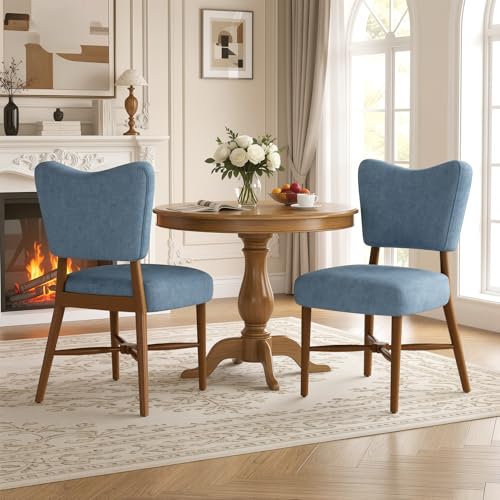Farmhouse Dining Chairs Set of 2, Linen Seat, Wood Legs, Blue | Mid Century Modern, Upholstered Padded Cushion, Solid Wood Cross-Brace, Easy 15-Min Assembly, Kitchen Dining Room - color: Blue, size: Set of 2