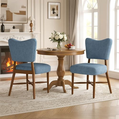 Farmhouse Dining Chairs Set of 2, Linen Seat, Wood Legs, Blue | Mid Century Modern, Upholstered Padded Cushion, Solid Wood Cross-Brace, Easy 15-Min Assembly, Kitchen Dining Room - color: Blue, size: Set of 2