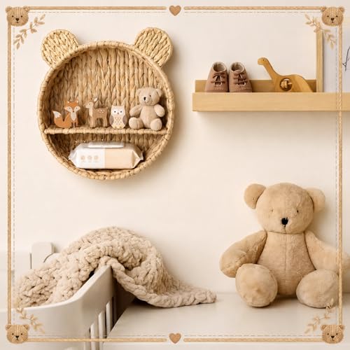 Bear Nursery Wall Shelf Decor Boho Rattan Wicker Floating Shelves Handwoven Natural Rattan Hanging Organizer Storage Basket for Small Books Toys Nursery Bathroom Living Room Bedroom Corner - style: Bear
