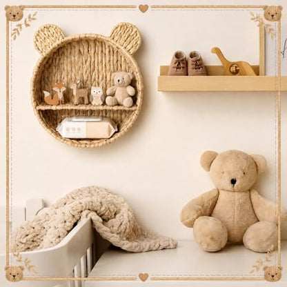 Bear Nursery Wall Shelf Decor Boho Rattan Wicker Floating Shelves Handwoven Natural Rattan Hanging Organizer Storage Basket for Small Books Toys Nursery Bathroom Living Room Bedroom Corner - style: Bear