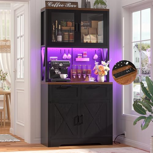 Unikito 71" Kitchen Pantry Cabinet with LED Light & Outlet, Microwave Stand | Black and Rustic, DIY Pegboard Panel, Storage Drawer, Adjustable Shelves, Freestanding Food Pantry Hutch for Dining Room - color: Black+rusitc, size: 32 Inch