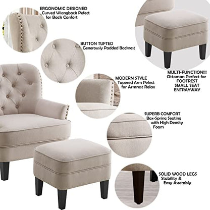 Rosevera Accent Chair and Ottoman Set - Button Tufted Armchair for Living Room, Bedroom, Reading - Mid-Century Modern Lounge Chair Set - Beige - color: Velvet Light Beige With Ottoman