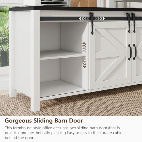 L Shaped Desk With Drawers, Farmhouse Executive Wood Home Office With Power Outlet, Rustic Reversible Computer With Storage Cabinet, Double Sliding Barn Door and Adjustable Shelves
