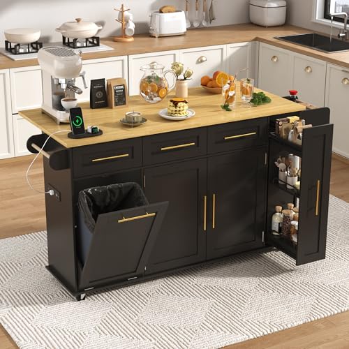 St.Mandyu 69" Large Kitchen Island on Wheels, Kitchen Rolling Island Cart with Trash Storage Cabinet, Power Outlet, 3-Tier Pull-Out Storage Trays, Drop Leaf, Mobile Island Table for Kitchen, Black - color: Black