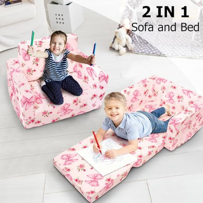 Kids Couch, 2-in-1 Kids Fold Out Couch | Convertible Sofa to Lounger for Girls and Boys, Soft Toddler Chairs Comfy 1-3 Years Old, Pink Bow - color: Pink Bow