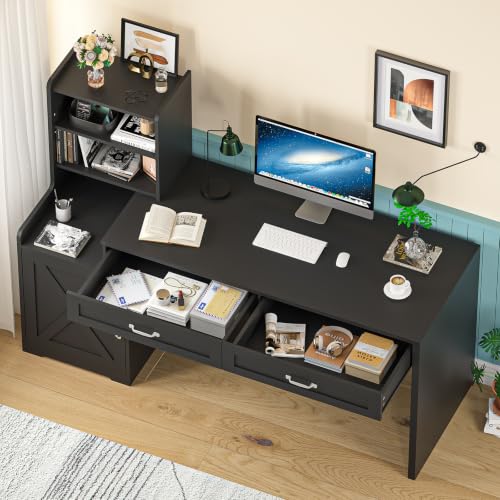 60" Computer Desk with Drawers & Bookshelves for Bedroom, Home Office | Black Desk with Bookcase & Drawers, Executive Desk Writing Study Table with Storage, Home Office Desks - color: Black
