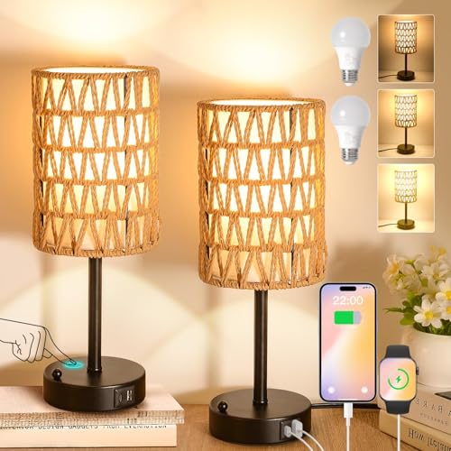 Rattan Table Lamps for Living Room, 3 Way Dimmable Touch Lamps, Small Bedside Lamps with LED Bulbs, Phone Stand, USB Ports and AC Outlet, Boho Nightstand Lamp for Kids Room, Bedroom, Office (2 Pack) - size: 2 Pack Rattan