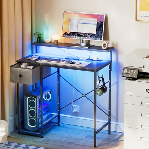 X-cosrack 33.5" Small Gaming Desk with LED Lights & Long Monitor Stand, Compact Computer Desk with Power Outlets & CPU Stand, Gamer Table with Storage Drawer for Home Office, Bedroom Corner, Black - color: Black, size: 33.5" Black with Long Monitor Stand