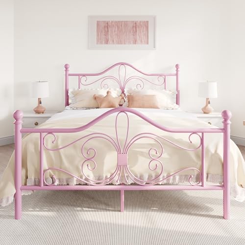 SHA CERLIN Queen Size Metal Bed Frame with Butterfly Headboard, Pink | Metal Platform Bed for Kids, Wrought Iron-Art Headboard/Footboard, Under-Bed Storage, No Box Spring Needed, Easy Assembly - color: Pink, size: Queen