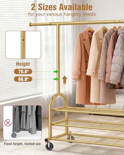 Heavy Duty Clothes Rack for Hanging Clothes Load 688 LBS, Height Adjustable Rolling Clothing Racks, Portable Metal Coat Rack Garment Wardrobe with Wheels and 3 Shelves for Bedroom, Gold - color: Gold, style: 3 Shelves