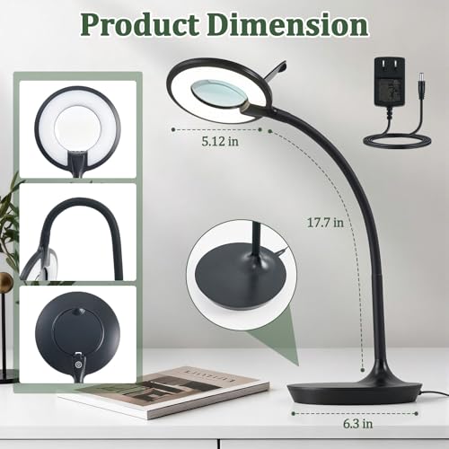 3X+6X Magnifying Glass with Light and Stand, Dimmable LED Magnifying Lamp | Flexible Gooseneck, Hands Free Magnifier, Magnification Lamp for Elderly Craft Hobby Painting Sewing Close Work,Weighted Base - color: Black