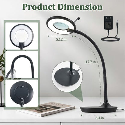 3X+6X Magnifying Glass with Light and Stand, Dimmable LED Magnifying Lamp | Flexible Gooseneck, Hands Free Magnifier, Magnification Lamp for Elderly Craft Hobby Painting Sewing Close Work,Weighted Base - color: Black
