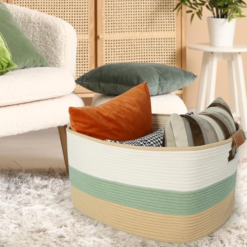 Large Woven Basket, 108L Rectangular Woven Storage Basket with Leather Handles, Stylish Organizer Bin for Home, Office, Laundry, Toys, or Blankets, 25’’*16’’*16’’ White & Green & Jute - color: White & Green & Jute, size: 108L